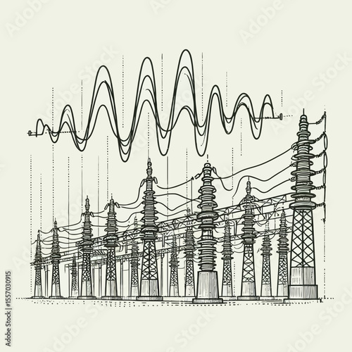 Electric Power Transmission Towers with Voltage Waveform Vector Illustration
