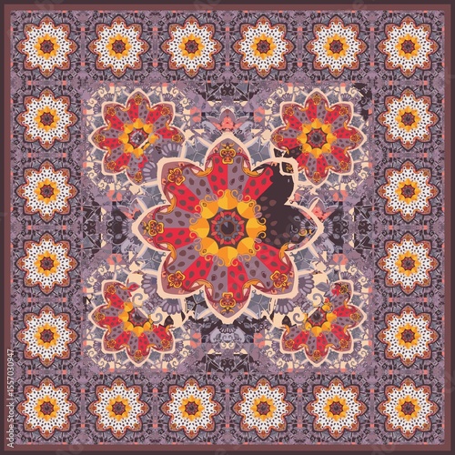 An unusual pattern for a carpet, tablecloth or shawl with a mandala flower wi...