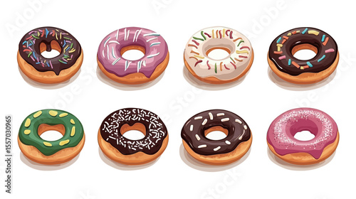 Colorful donut vector graphic design with icing and sprinkles – sweet dessert illustration for bakery branding, menus, food packaging, stickers, and playful design elements.