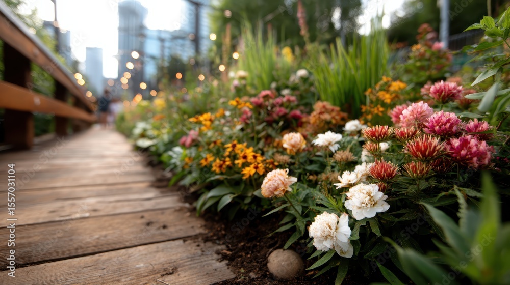 Fototapeta premium A picturesque wooden pathway leads through a flourishing garden, showcasing an array of colorful flowers, perfect for nature lovers and outdoor enthusiasts to admire.