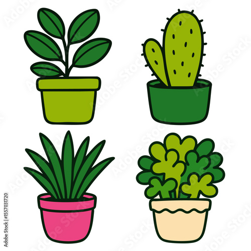 Collection of houseplant illustrations in colorful pots 
