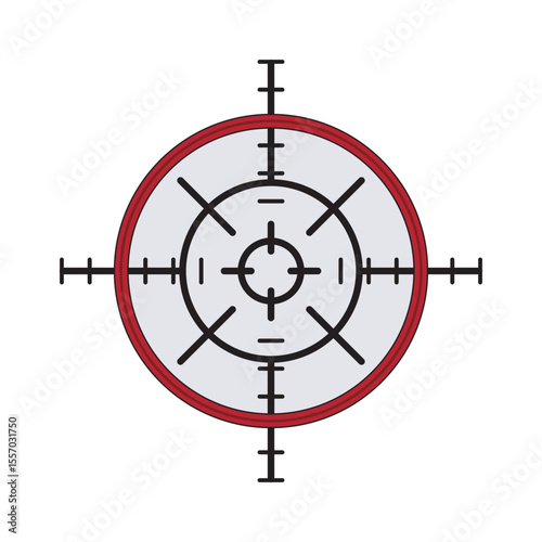 Flat-style red and black sniper scope icon with layered circular crosshair, ideal for gaming UI, military apps, or tactical HUD overlays.