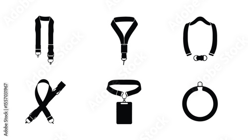 Vector art of a set of six different lanyard designs, isolated on white background, showcasing various styles and attachment methods