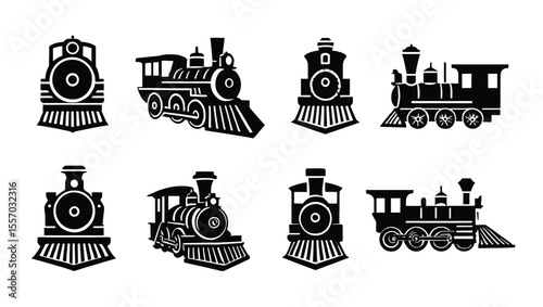 Vector art of a collection of eight isolated black and white vector illustrations of vintage steam train locomotives on a white background
