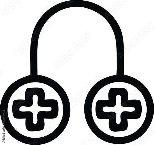 Stylized Headphones Icon with Plus Symbols in Circular Earcups Featuring Thick Black Lines on a White Background Representing Audio Equipment and Modern Design