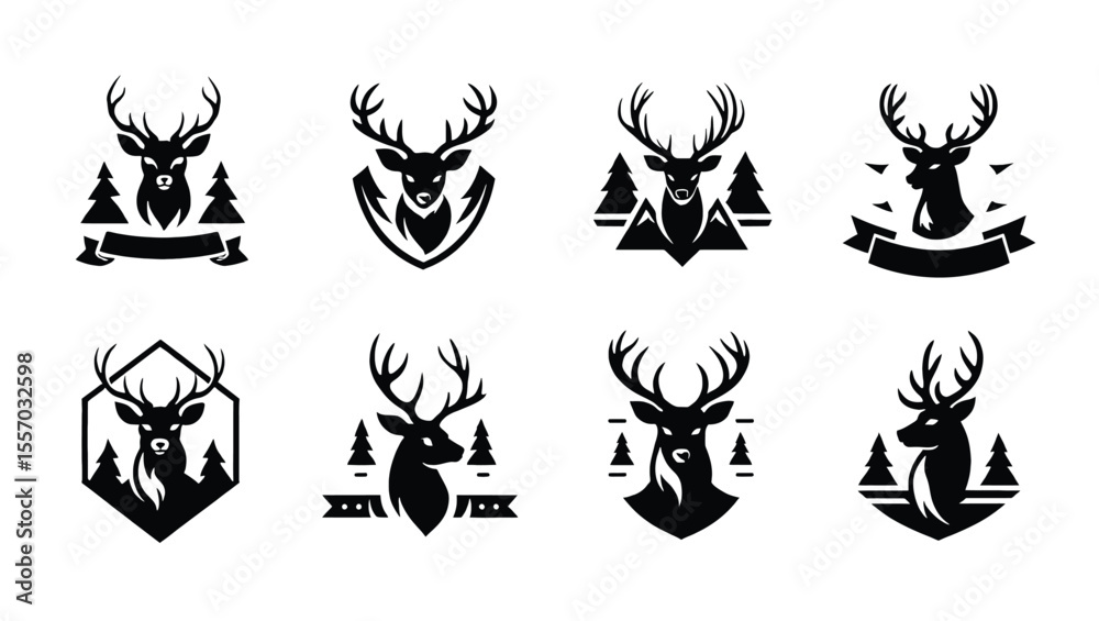 Fototapeta premium Vector art of a collection of eight vector logos featuring deer heads with antlers, isolated on white background
