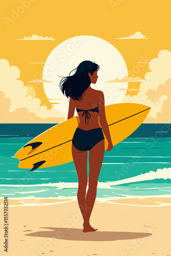 A Surfer Girl at Sunset Holding a Yellow Surfboard by the Ocean