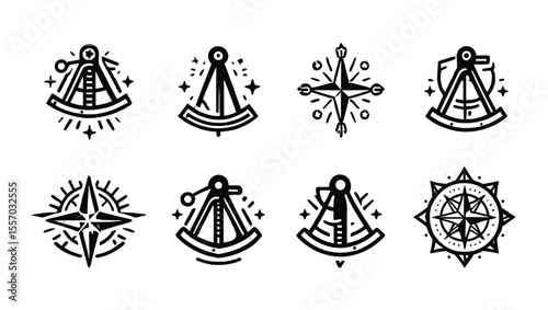 Vector art of collection of nautical compasses and dividers, isolated on white background