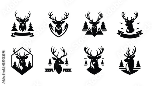 Vector art of a collection of eight vector logos featuring deer heads with antlers, isolated on white background