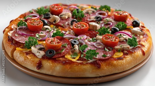 A 3D virtual model of a gourmet pizza, with zoomable topping details, white background