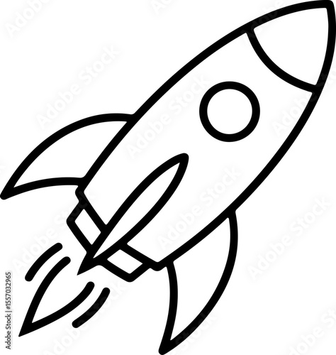 Simple black line drawing of a rocket ship launching into space with flames