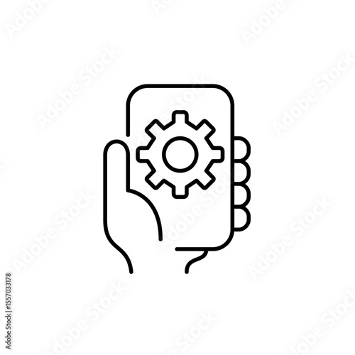 Hand holding phone with cogwheel. Mobile settings, device configuration, app management, system preferences, smartphone control. Pixel perfect, editable stroke vector icon