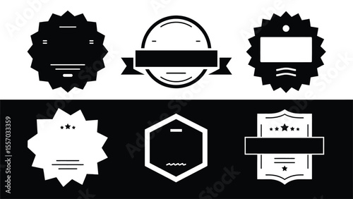 Vector art of a collection of black and white vector badges, labels, ribbons, and seals, isolated on white background