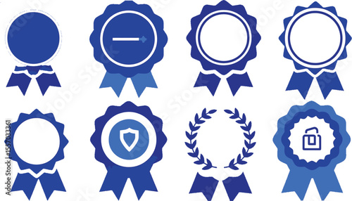 Vector art of collection of blue badges and awards with ribbons and security symbols, isolated on transparent background