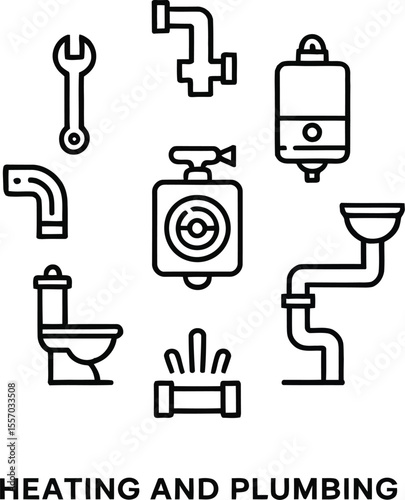 Illustration of plumbing and heating elements on a light gray background