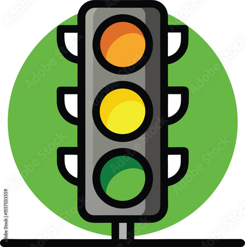 Cartoon Traffic Light with Amber Yellow and Green Lights Against a Green Circular Background Illustrating Road Safety and Traffic Control Concepts cartoon traffic