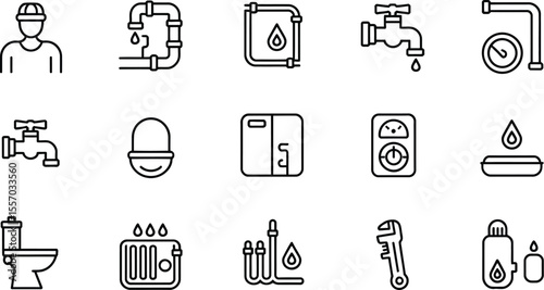 Line drawing icons depicting plumbing fixtures and a worker in a hard hat