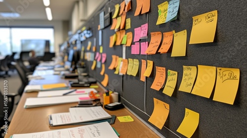 Innovative design thinking, design sprint board with sticky notes and iterative sketches,