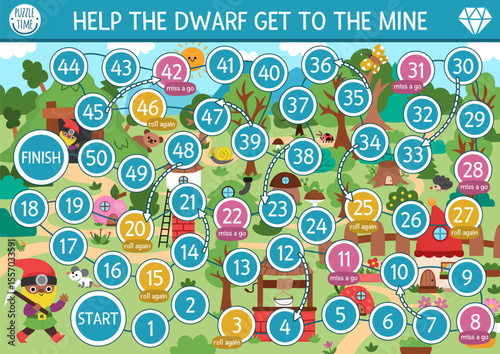 Dwarf dice board game for children with cute gnomes and magic land landscape. Fairytale boardgame with garden, mining, blacksmith elves, treasure, mine pit, houses and fantasy animals