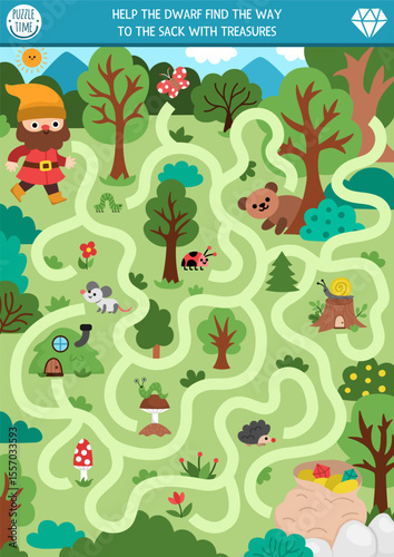Dwarf maze for kids with forest landscape. Fairytale preschool printable activity with woods map and animals. Woodland fantasy labyrinth game, puzzle. Help the gnome find the way to treasure