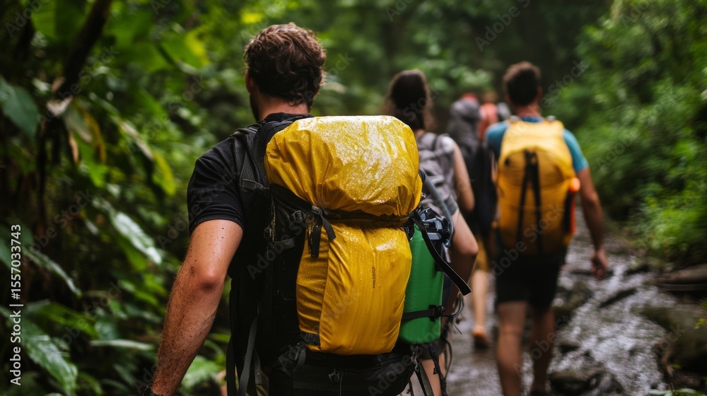 Naklejka premium Jungle trekking travel, exotic wildlife watching travelers, immersive green tones and moisture