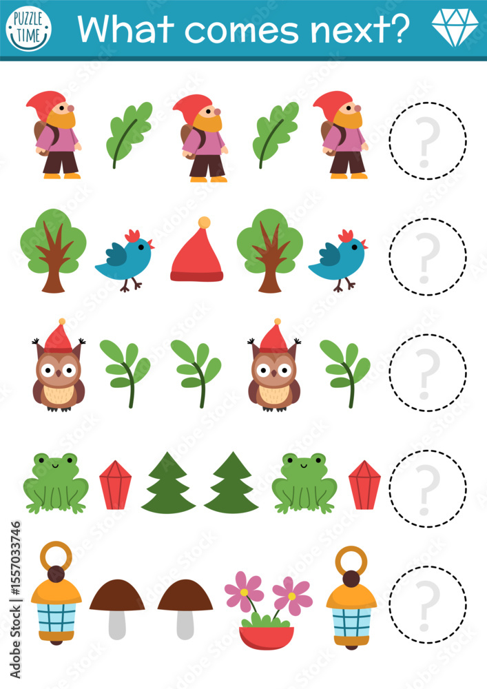 Fototapeta premium What comes next. Dwarf logical activity for preschool children with gnome, leaf, tree, owl, frog. Magic forest logic succession worksheet. Woodland fairytale continue the row game