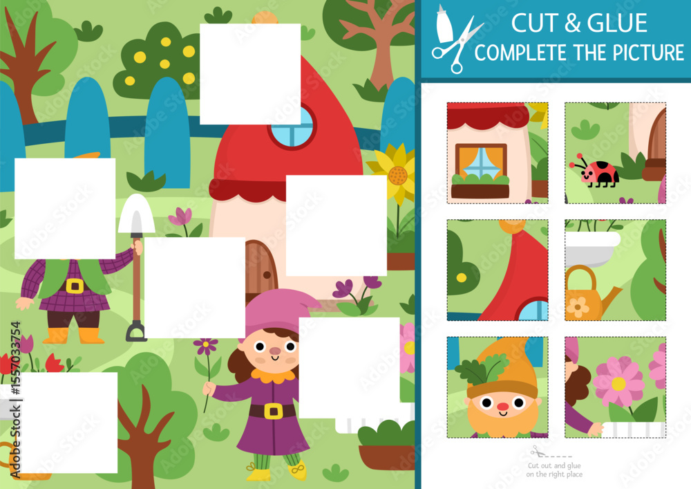 Fototapeta premium Vector dwarf cut and glue activity. Magic forest crafting game with cute gnomes and garden landscape. Fill up scene with square sticker. Find right piece of puzzle. Complete picture