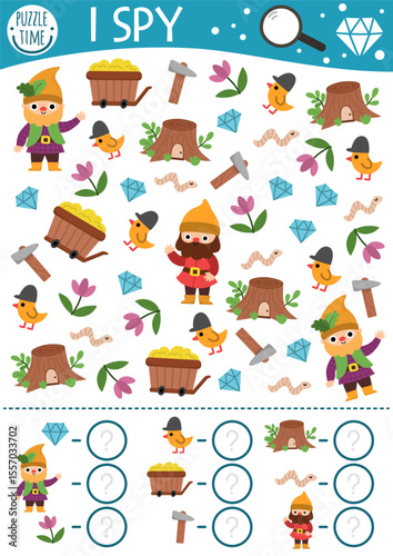 Dwarf I spy game for kids. Searching and counting activity with gnome, crystal, gem, cart, tree stump, tool. Magic forest printable worksheet for preschool children. Simple woodland spotting puzzle