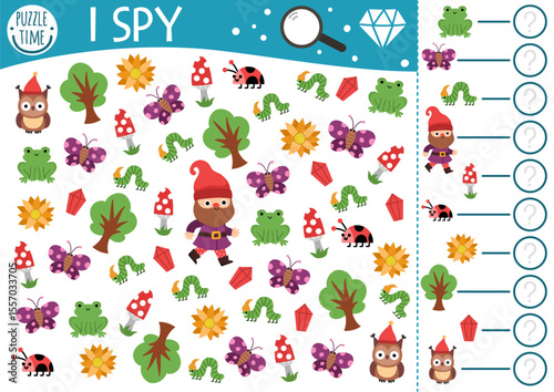 Dwarf I spy game for kids. Searching and counting activity with gnome, frog, butterfly, tree, flower. Magic forest printable worksheet for preschool children. Simple woodland spotting puzzle