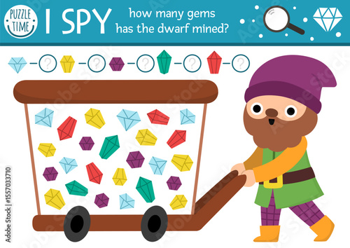 Dwarf I spy game for kids. Searching and counting activity with gnome, crystal, gems in cart. Magic forest printable worksheet for preschool children. Simple woodland spotting puzzle