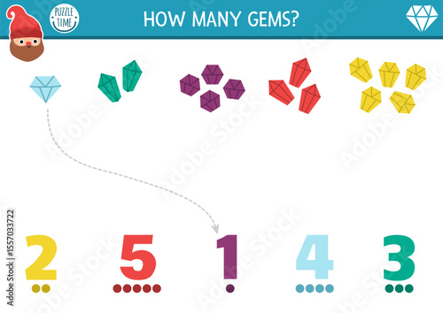 Match the numbers dwarf game. Magic forest or gnome activity for kids with gems. Fairytale counting worksheet. Simple number matching math game with ruby, emerald, crystal, diamond