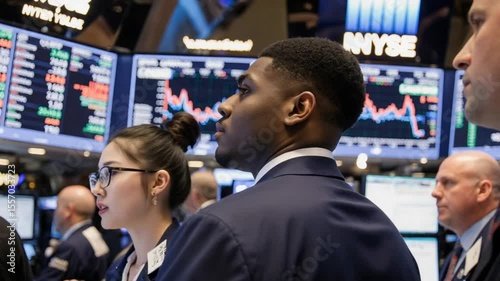 Focused financial traders analyzing market trends on trading floor - Stock traders watching market monitors