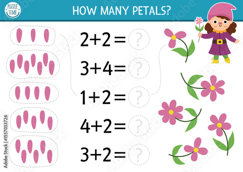 Counting and matching game with cute dwarf girl and petals. Garden gnome math addition activity for preschool kids. Fairytale printable counting worksheet with flowers and forest fairy