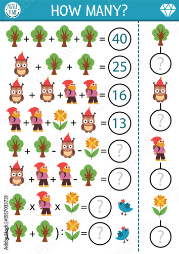 Dwarf how many game, equation or rebus. Magic forest or woodland math activity for school children. Simple printable counting worksheet for kids with gnome, owl, sunflower, tree
