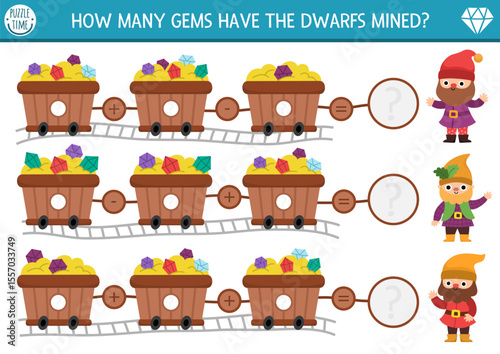 How many gems game with cute dwarf. Fairytale math addition activity for preschool children. Simple fantasy printable counting worksheet for kids with wooden carts with stones, rails, gnome
