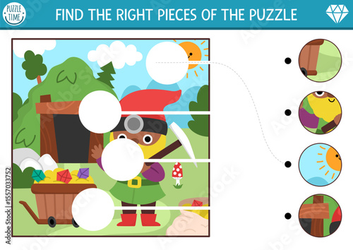 Matching activity with cute landscape with dwarf miner, mine shaft, gems. Fairytale puzzle, worksheet. Complete the scene. Fantasy woods match up game. Find missing parts of picture
