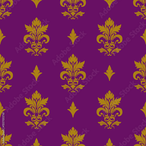 Purple Gold Damask Pattern Wallpaper - Royal Damask Fleur de Lis Design Background - Luxury Damask Ornamental Print for Premium Interior Decor