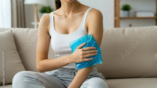 Woman applying blue cold compress on shoulder, home recovery comfort care