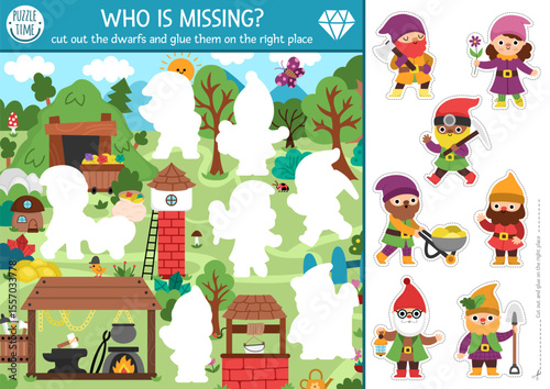 Vector dwarf cut and glue activity. Crafting game with gnome or magic forest landscape. Fun printable worksheet. Find the right piece of the puzzle. Complete the picture. Who is missing