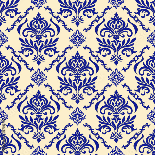 Blue Damask Pattern Vintage Wallpaper Design - Classic Damask Pattern for Interior Decor - Elegant Baroque Damask Pattern Background Textile Art