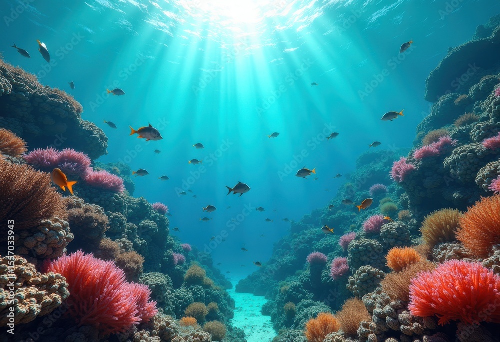 Fototapeta premium vibrant colorful coral reef ecosystem supporting diverse fish species underwater scene, sea, diversity, marine, flora, fauna, aquatic, nature, habitat