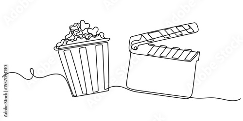 Clapper board and glass of popcorn continuous one line drawing, Clapper board and glass of popcorn continuous one line drawing. Movie scene episode production concept. Vector illustration isolated.