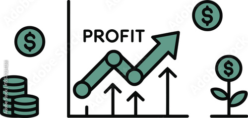 Illustration showing profit growth with coins and upward trending line graph