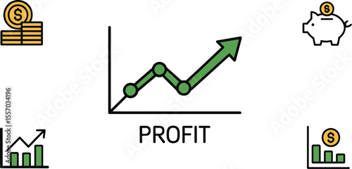 Illustration showing profit growth with coins and a piggy bank on a light background