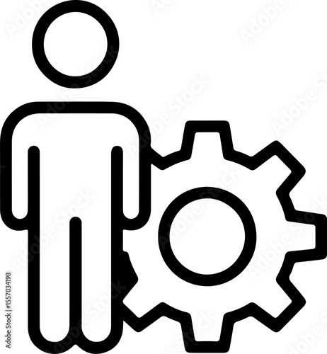 Simple icon of a person standing next to a gear wheel representing work or industry