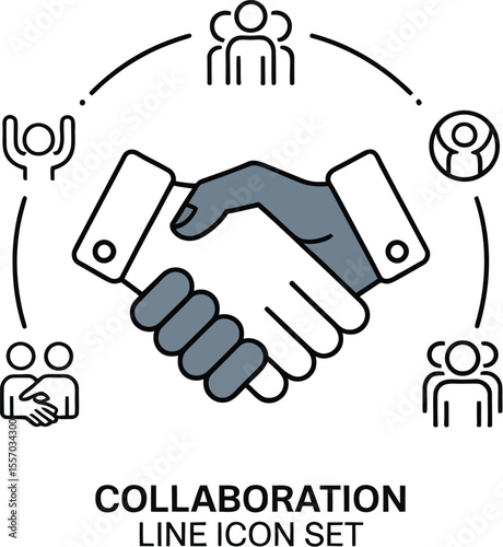Illustration of a handshake surrounded by people icons on a light background