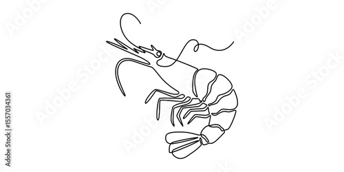 Shrimp in one line drawing. Sea food illustration, Continuous Line Drawing of Sea Food Icon. Hand Drawn Symbol Vector Illustration, One continuous line drawing of fresh shrimp for seafood logo