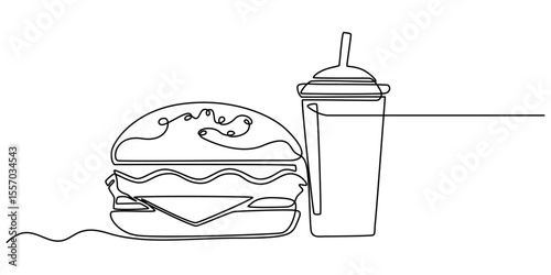 hamburger and soda continuous one line drawing, Fast food continuous one line drawing illustration, Fast Food Chain Continuous Line Editable Stroke Icon, One line drawing of hamburger and soda or cola