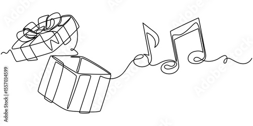 gift box and Musical Note continuous one line drawing, Gift Box Continuous Line Icon, Gift box outline, Continuous line icon, Continuous Line Drawing of Giveaway Icon. Hand Drawn Symbol Vector