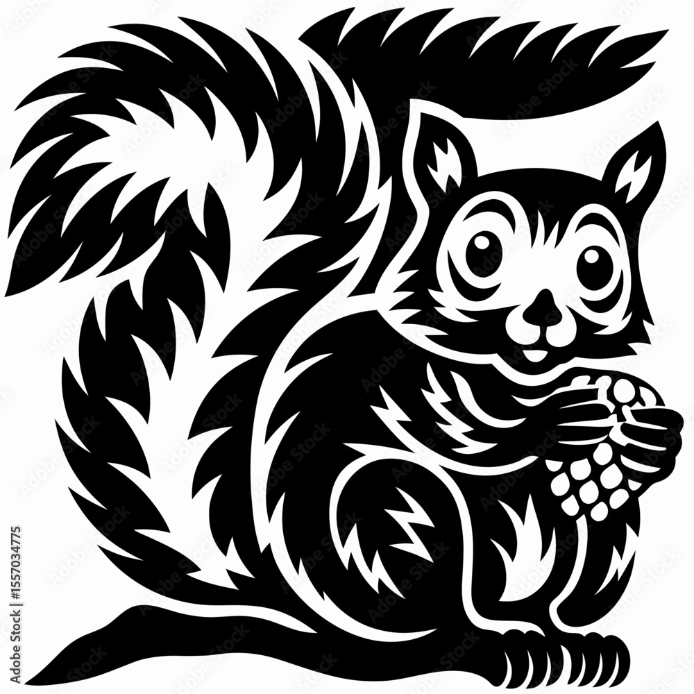 Obraz premium Adorable Curious Squirrel with Acorn A Black and White Illustration